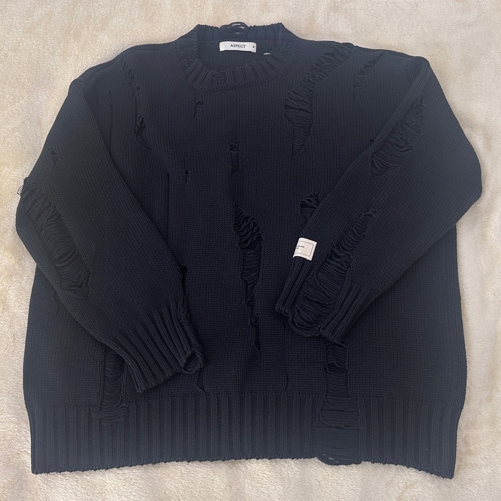 ASPECT Men’s Black Fisherman Rib Distressed Cotton Blend Knit Grunge Sweater M